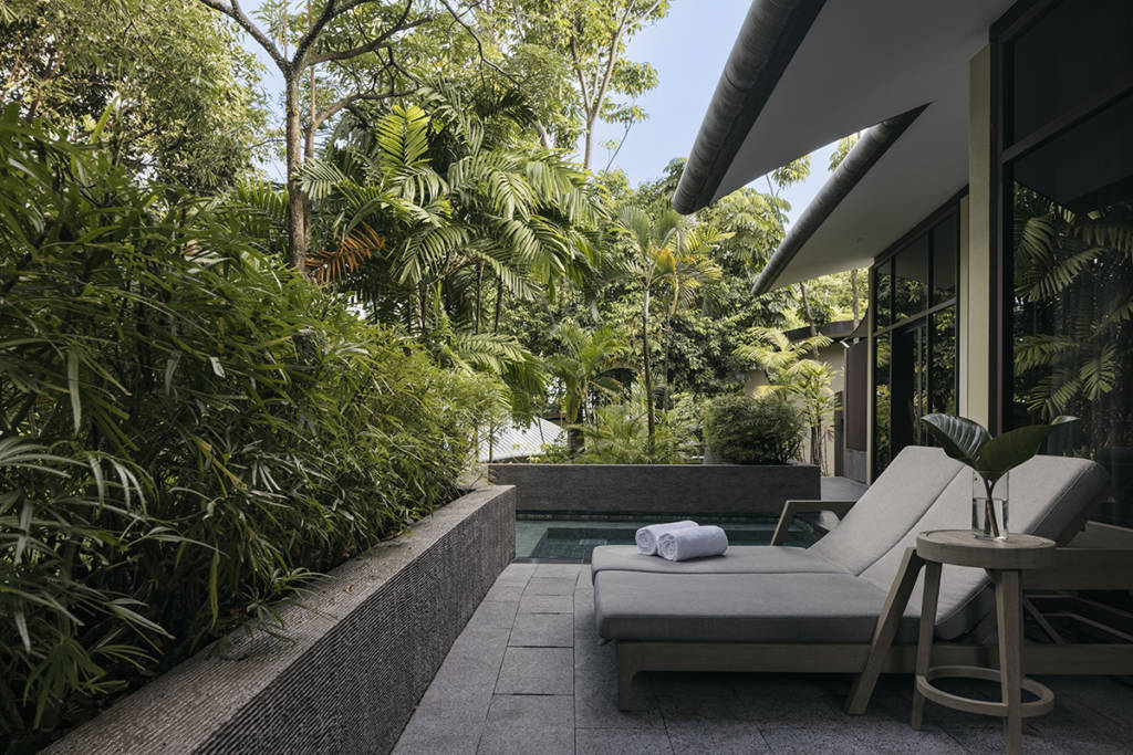 grey deckchairs by a pool surrounded by plants