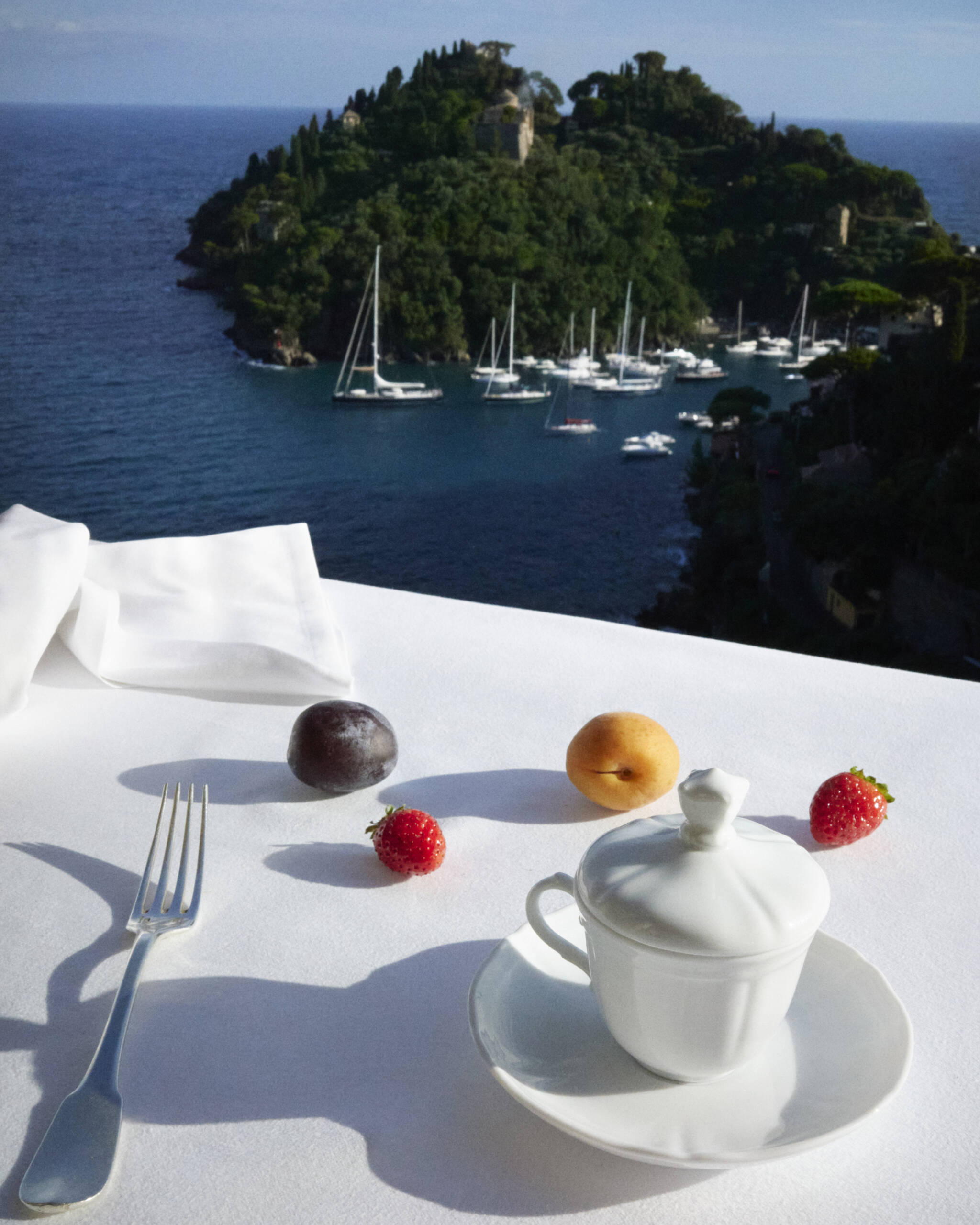 Table with white table cloth with fruit and teapot overlooking the sea